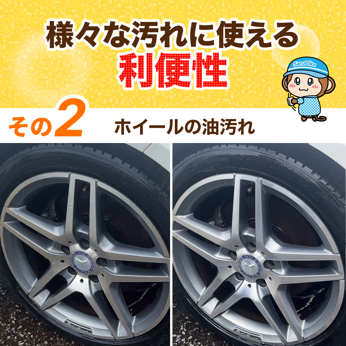 おさるのスゴピカ 下地 ベースクリーナー 汚れ強力除去 油膜取り ピッチタール除去 洗車に落ちない汚れに コーティングの前処理 プロ仕様 アルカリ性クリーナー 日本製 スプレー式で簡単施工 ブレーキダスト 水垢除去 希釈なし サルピカ