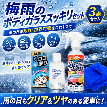 30%OFF【梅雨限定！】ガラススッキリセット 雨の日の視界をサポート ウロコ取り フロントガラスウロコ取り クイックエアー 内窓拭き クロスセット